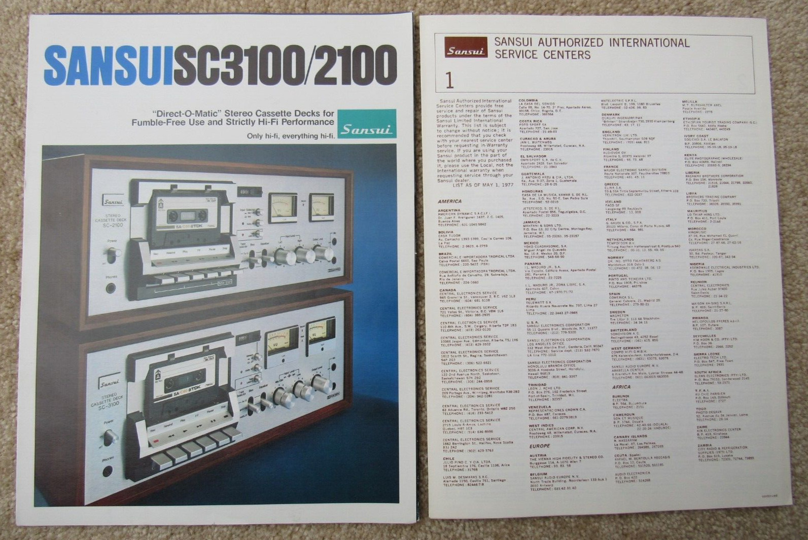Sansui SC 3100 2100 Cassette Deck Sales Brochure & Service S