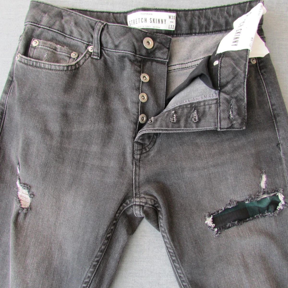 Topman Stretch Skinny Jeans 30x32 black distressed holes ripped