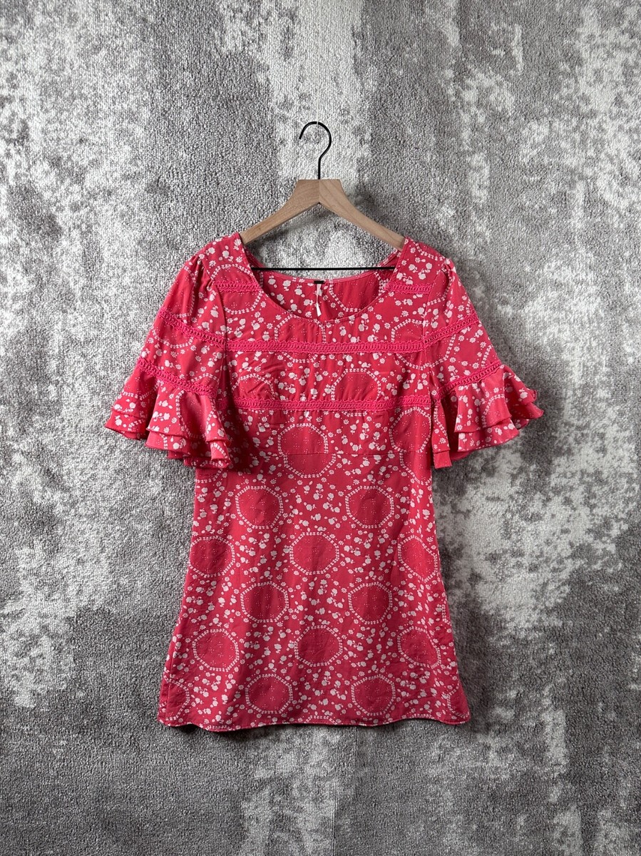Free People Dress 8 Womens Red Round Neck Flare Short Sleeve Geometric  Floral