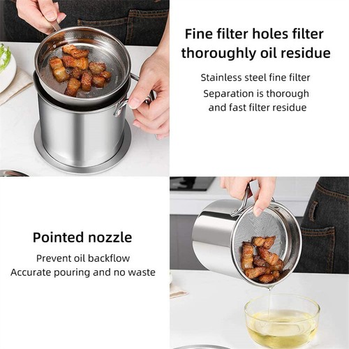 Stainless Steel 1.8L Bacon Grease Oil Filter Container Storage Can with Strainer - Picture 2 of 10