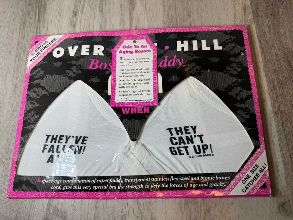 A still-sealed 1991 'Over The Hill' novelty bra gag gift — an untouched time capsule of early-90s party humor that's now genuinely vintage.