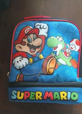 Nintendo Super Mario Kids Lunch Box Blue Zip Lid Handle Mario Yoshi Toad Novelty