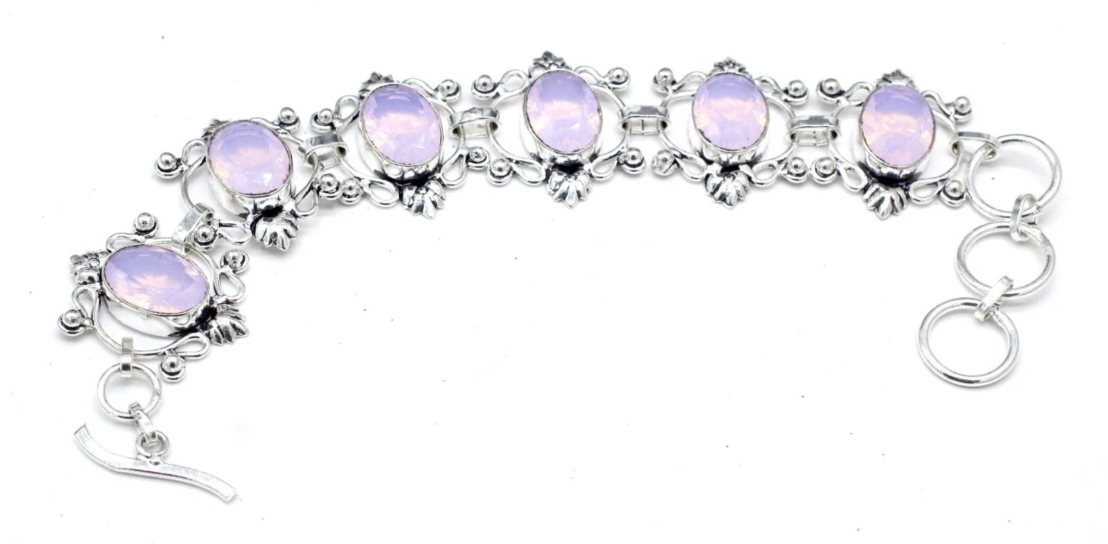 VALENTINO 925 Sterling Silver Pink Opalite Gemstone Handmade Jewelry Bracelet Size 7 8"
