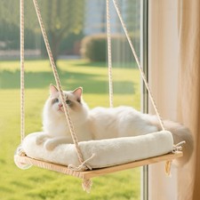 Cat Window Perch, Cat Hammock Bed with Solid Wood Seat 4 Heavy Duty Suction C...