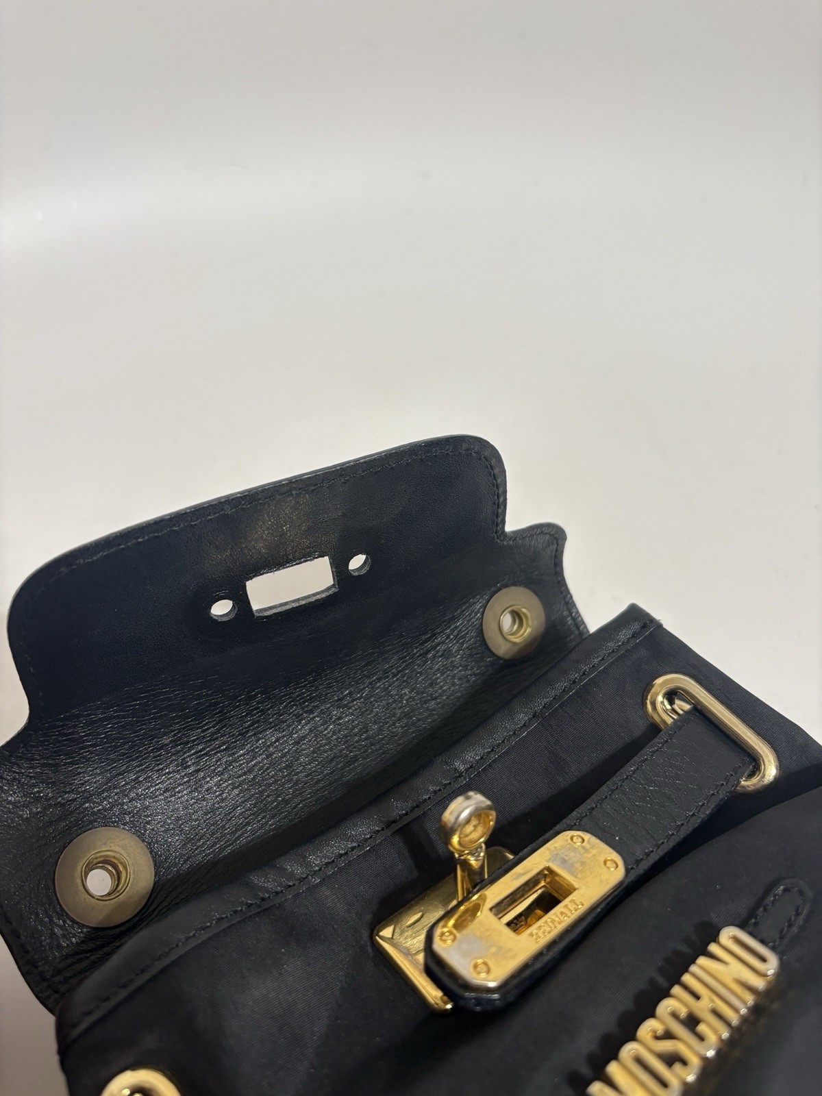 Vtg Moschino 90s Black Leather & Nylon Logo Mini Bag — image 12