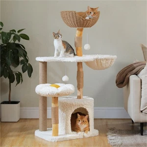 Arbre de chat moderne multi-niveau avec lit de rotin tissé & Perche à fleurs– LuxuryCat arbre