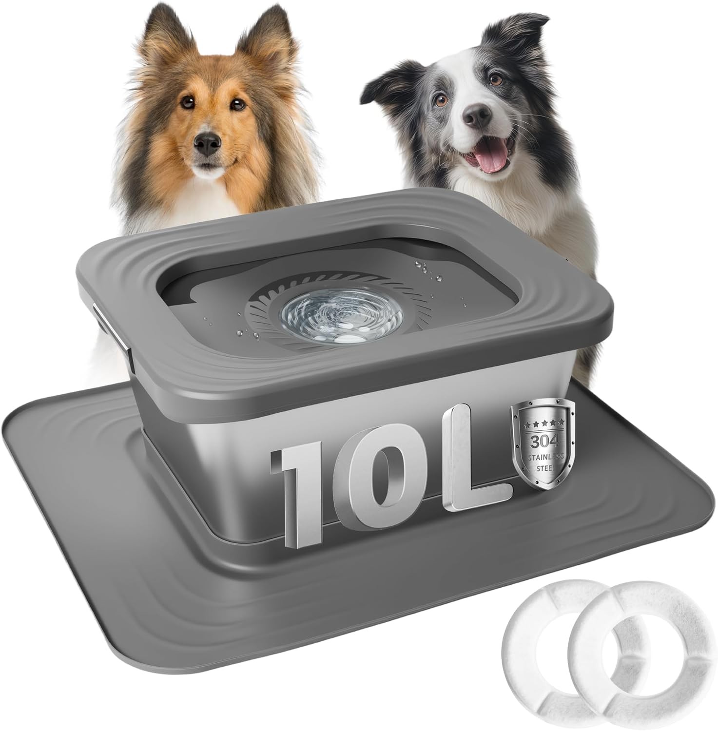 Gamelle d'eau sans déversement pour chien 10L inox avec filtre anti-poil