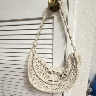 Zara Beige Crochet Crescent Shoulder Bag Shoulder Strap Snap Closure Silver