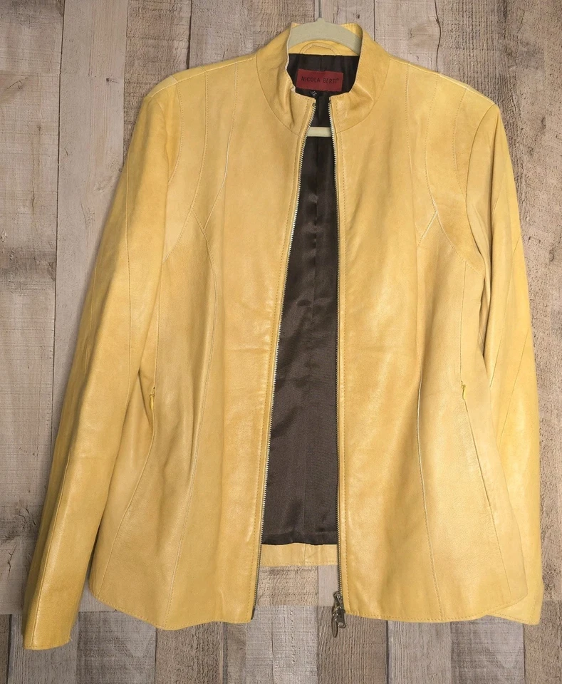 Nicola Berti Leather Jacket Womens Size XL Yellow Zip Front Motorcycle 90s Y2K - Image 4 of 4