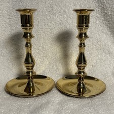 Vintage Solid Polished Brass Heavy Candlestick Candle Tall Holders 6.5" Pair