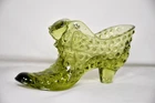 Vintage FENTON Green Art Glass Slipper Shoe Cat Head Hobnail Pattern
