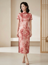 Chinese Qipao Cheongsam Pink Floral Silk Midi Dress Size 2