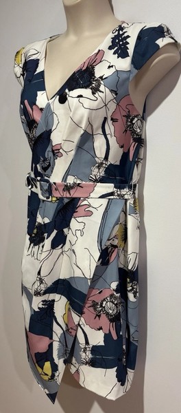 Pink Ruby White Floral Short Sleeve Midi Wrap Dress/VNeck /Zipper/Belt Size18 EC