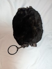 VINTAGE 1930s BLACK SHEARED FUR MUFF W SATIN LINING  BAKELITE HANDLE/BRACELET