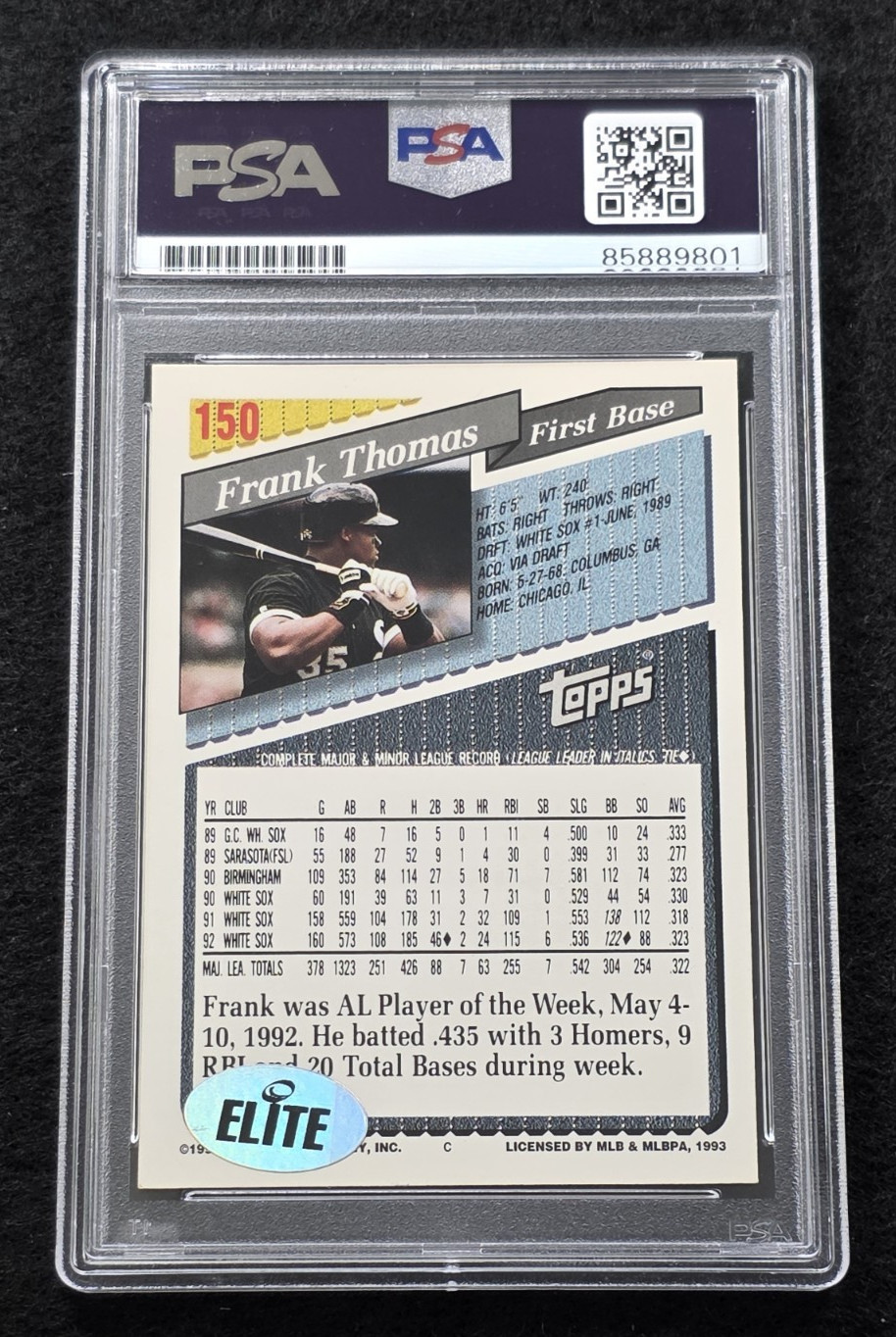 1993 FRANK THOMAS Signed Topps Baseball Card-HOF-WHITE SOX-PSA 10 Auto view 4