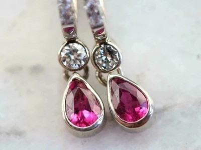 Red Ruby Pear Cut Dangle Drop Earrings Created Diamonds 14K Two Tone Gold Finish