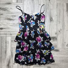 Aeropostale Black Floral Tiered Spaghetti-Strap Dress with Bright Floral Print M