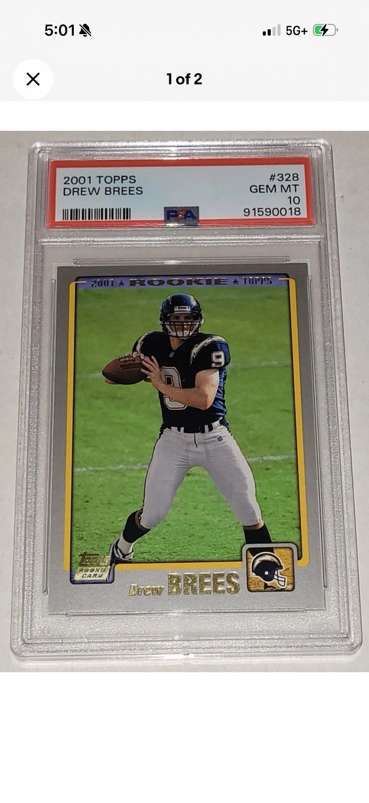 Topps 2001 Drew Brees #328 Rookie Base PSA 10 San Diego Chargers NFL