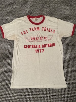 Vintage 70s 1977 FAI MAAC Aero Club Ringer T Shirt Size M Stedman Sportswear