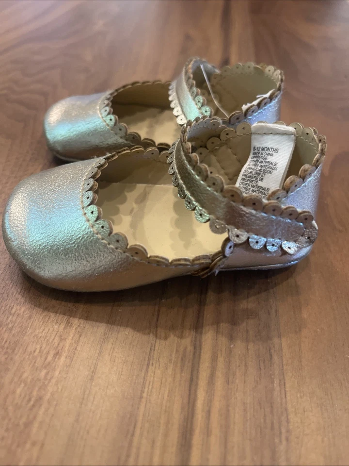 Janie And Jack Zapatos Dorados Metálicos Cuna Niña Mary Jane’s Talla 6-12 M Vacaciones Usados en Excelente Condición Foto 3 de 4