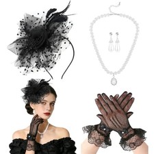 Fascinators Hats for Women Black Tea Party Veil Mesh Headband and Glove Set