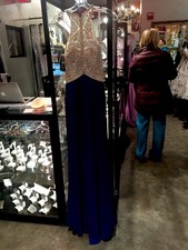 Temptation Blue/Silver Beaded Rhinestone Halter Backless Long Gown Size 4