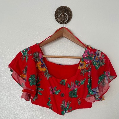 Francesca's Mi Ami Red Tropical Floral Linen Blend Flutter Sleeve Crop Top XS