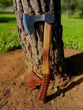 Hand Forged Carbon Steel Viking Axe, Leather Grip, Bushcraft Tool