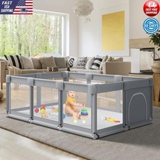 Large Baby Playpen Babies  Toddlers Sturdy Safety Play Yard W/ Soft Mesh Grey