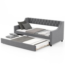 Linen Upholstered Daybed with Trundle Twin Size Sofa Bed Frame Wood Slats Grey