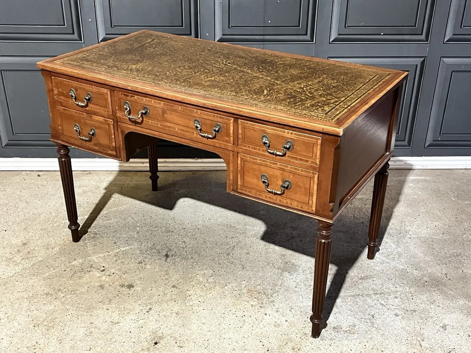 Antique Edwardian Style Double Pedestal Leather Top Inlay Captains Desk - Image 2 of 4