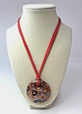 Art Glass Murano Style Pendant Statement Necklace Glass Floral Glittery BOHO