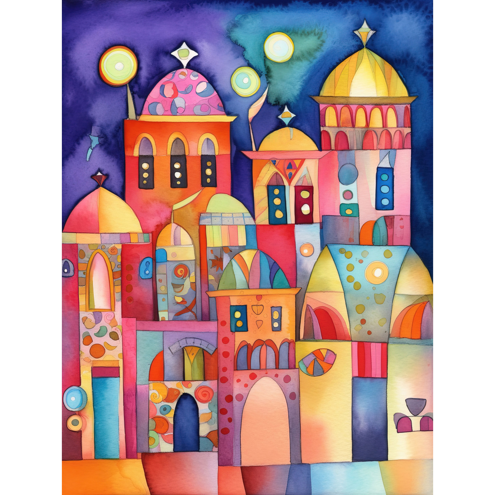 Brightly Decorated Buildings Night Modern Folk Art Wall Art Poster Print Giant