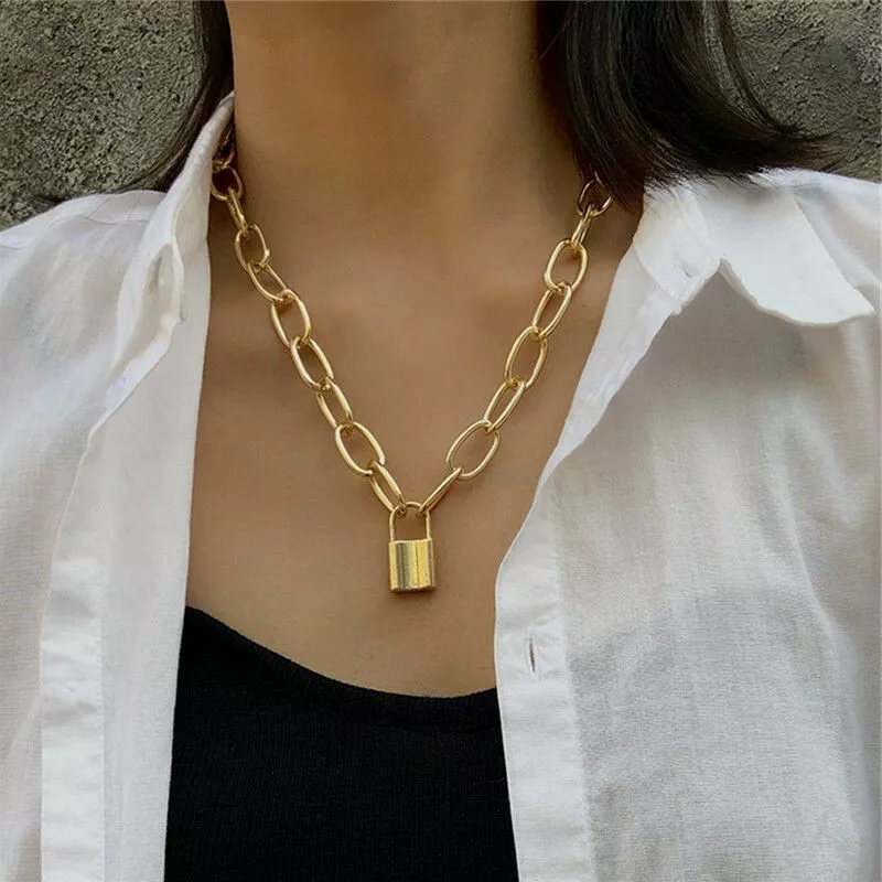 Multi-layer Gold Tone Curb Link Chain Lock & Key Pendant Choker Necklace Set