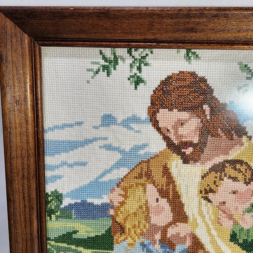 Religious Finished Needlepoint Artwork  in 14.5 x 11.5 Wood Frame Jesus Children - Image 2 of 4