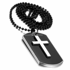 Mens Cross Army Military Dog Tag Charm Pendant Alloy Necklace 27 Inch Chain