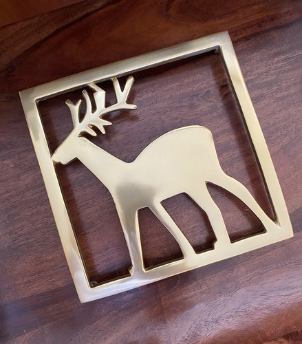 Crate & Barrel Gold Metal Reindeer Figurine Trivet Brass Square Christmas 8” NEW - Picture 13 of 14