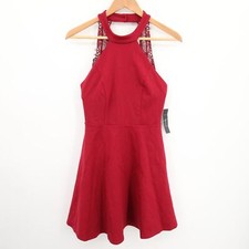 Lulus Dress Dark Red Wine Halter Neck Lace Detail Open Back Flare Skater Skirt