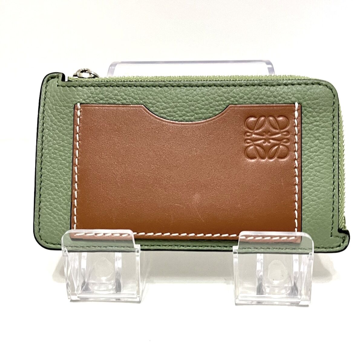 Auth LOEWE Coin Card Holder - Green Dark Brown Soft Grain Calf 