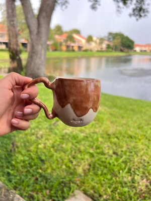 VTG Art Pottery Glazed Mug Cup Ribbed Design Signed Handmade