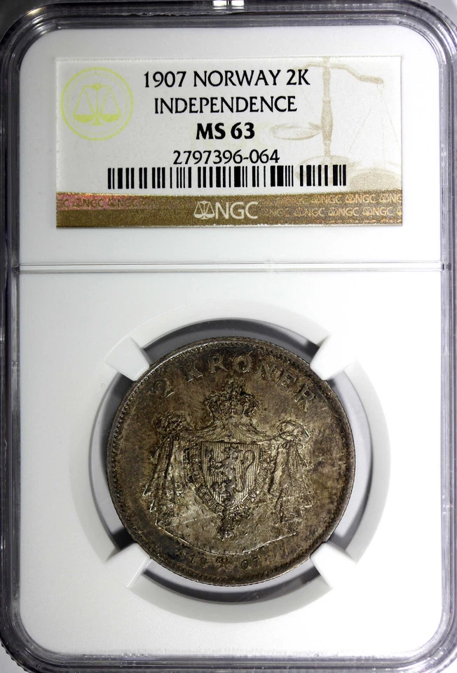 Norway Haakon VII Silver 1907 2 Kroner NGC MS63 Independence Toning KM# 365 (64) - Image 2 of 4