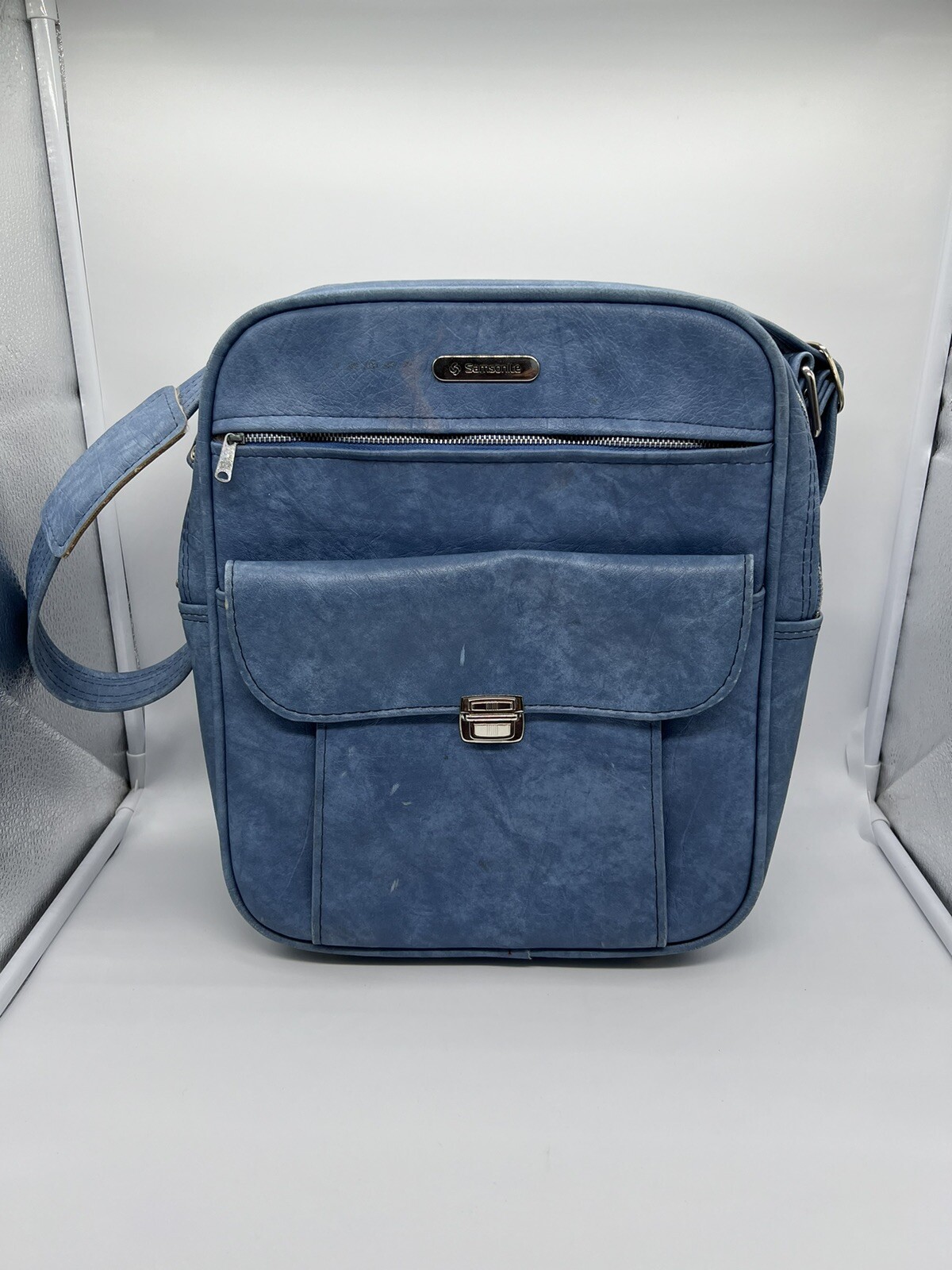 Vintage Samsonite Luggage Shoulder Bag Carry On Blue Purse Diaper Travel Zip