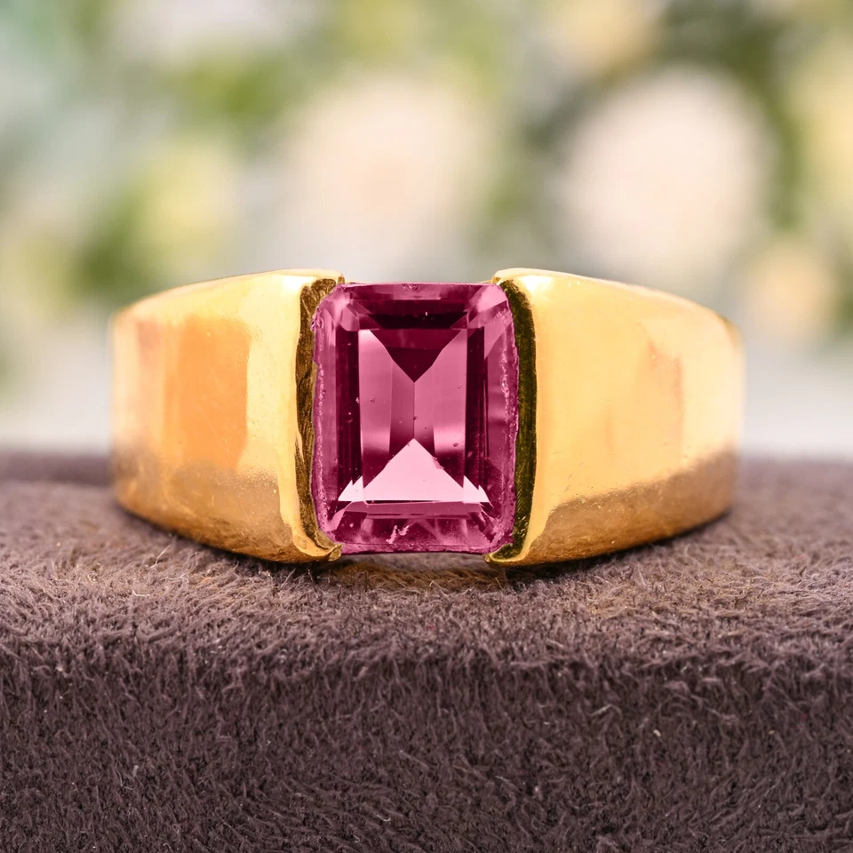 14K Solid Yellow Gold Men's Ring, Natural Pink Tourmaline Faceted Gemstone Ring. - Image 3 of 3