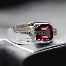 Garnet Cushion Cut Gemstone With 925 Sterling Silver Ring For Men's #648