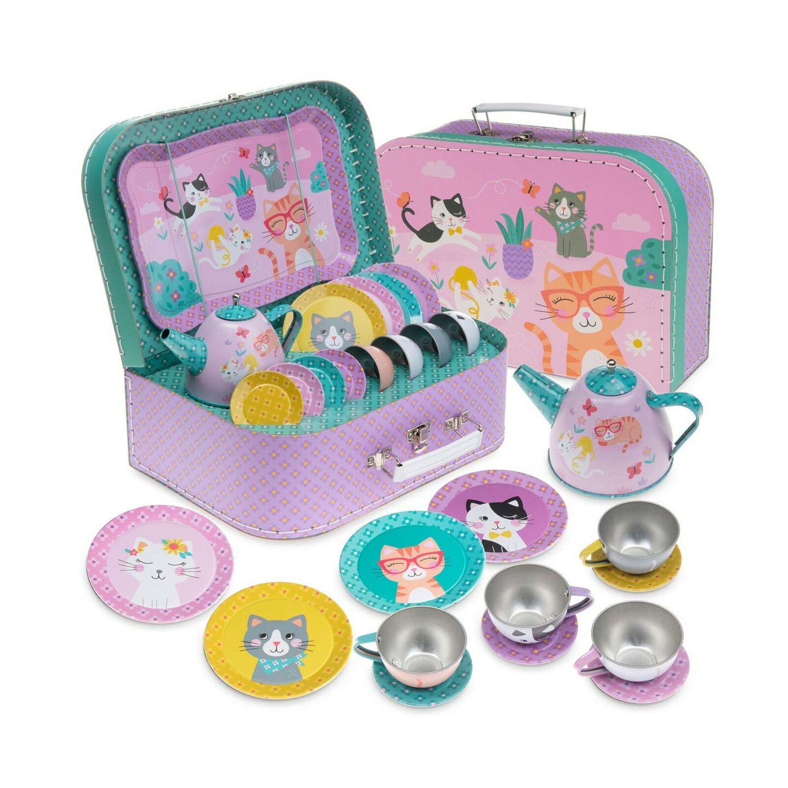 Jewelkeeper 最安 15 Piece Kids Tin Tea Set - Case Cat & 新年の贈り物 Carrying Desi