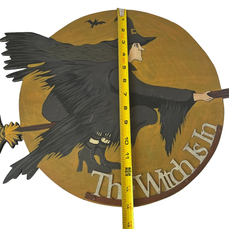 Letrero de madera arte popular luna bruja voladora pintado a mano primitivos por Kathy Halloween Foto 4 de 4