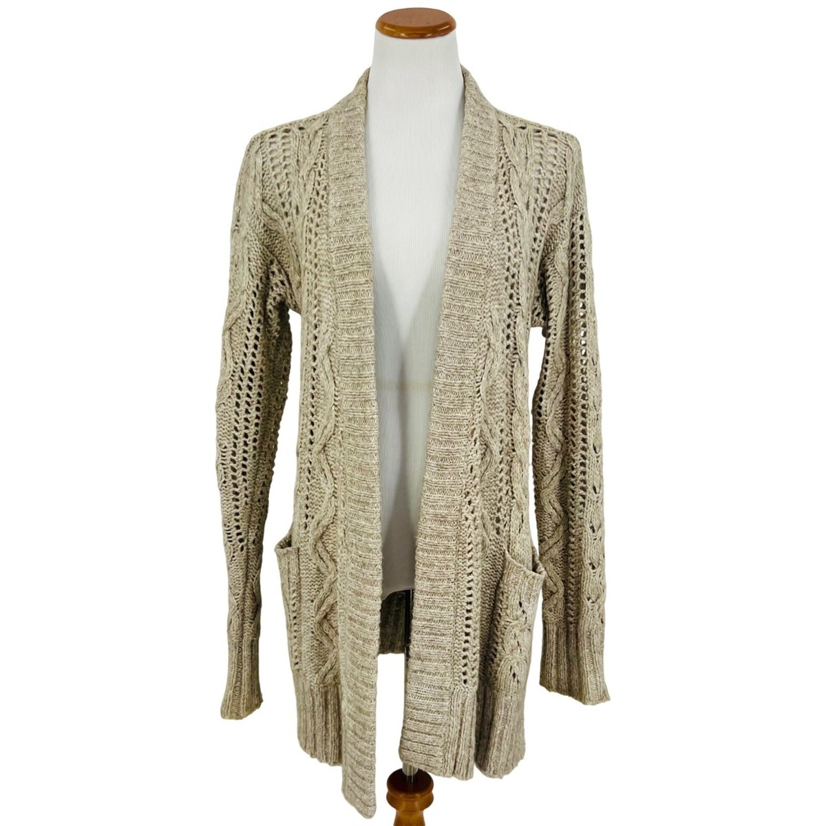 Ameri VINTAGE - 2WAY DISTORTION CABLE CARDIGA  ベージュ Aerie x American Eagle Vintage Beige Open Front Relaxed Cable Knit