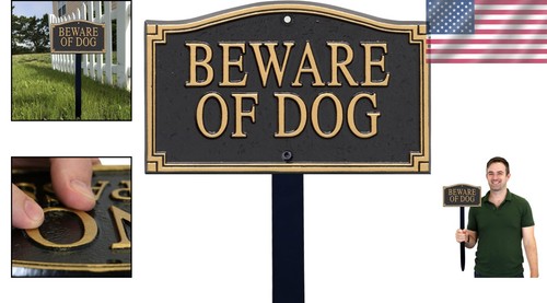 Sophisticated Gold & Black Beware of Dog Sign with 18" Lawn Stake - Weatherproof - Picture 2 of 9