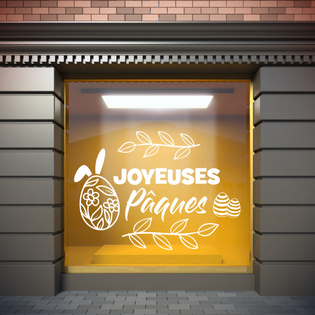 Stickers Décoration de Pâques Oeufs Joyeuses Pâques 60cm en Vinyle Blanc