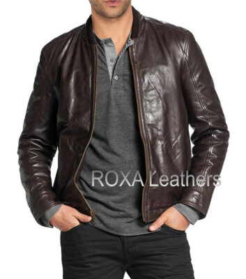 New Men Genuine Lambskin Pure Leather Jacket Biker College Wear Brown Coat 